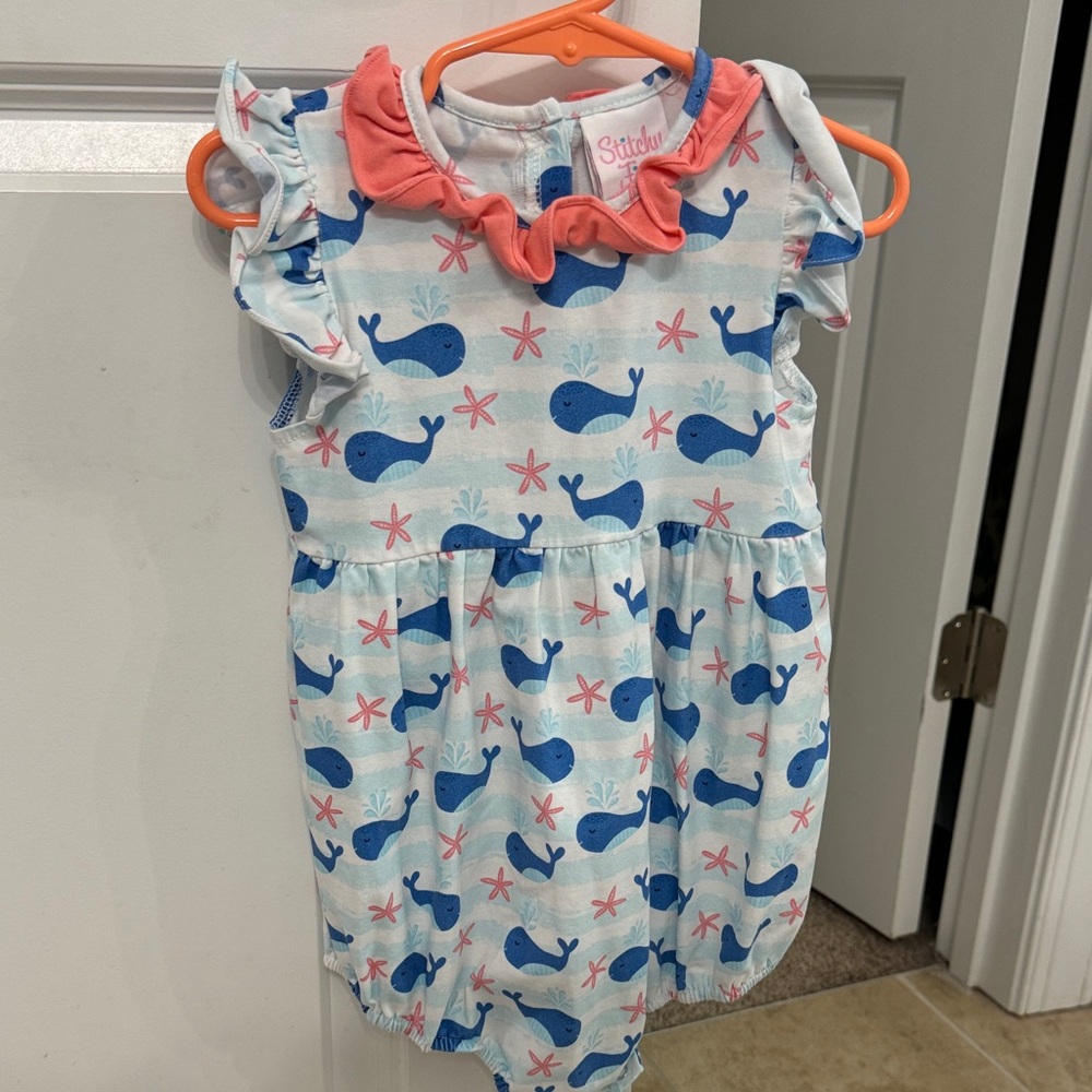 Stitchy Fish Whale Print Bubble with Peach Accents
